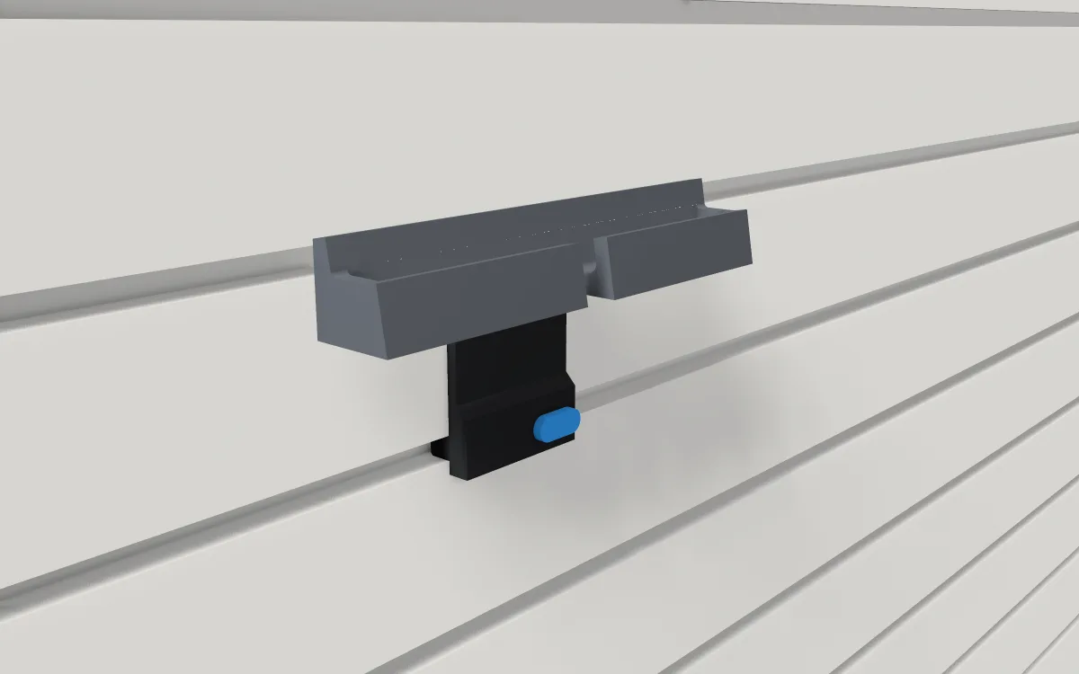 Phone & tablet ledge · Phone sideways on a slatwall, 3D render
