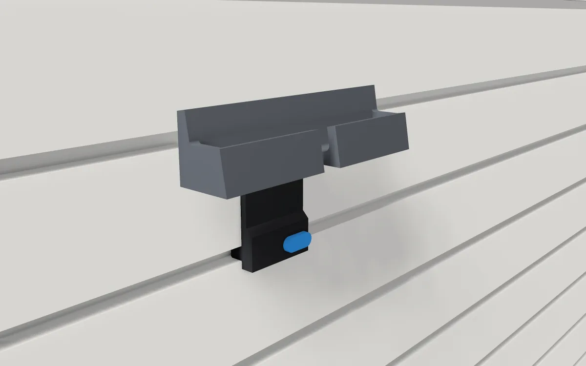 Phone & tablet ledge · Small tablet on a slatwall, 3D render
