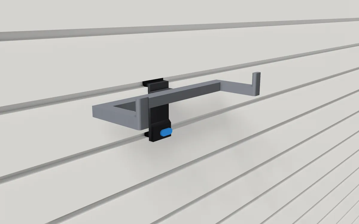 Power-strip cradle · 12-outlet surge protector on a slatwall, 3D render