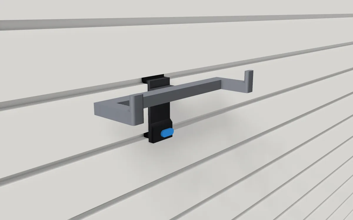 Power-strip cradle · 6-outlet strip on a slatwall, 3D render