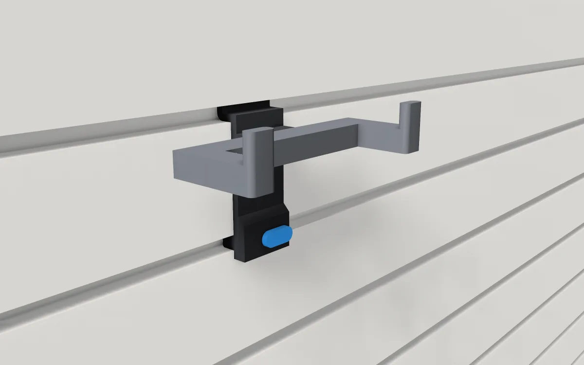 Power-strip cradle · Compact 3-4 outlet strip on a slatwall, 3D render