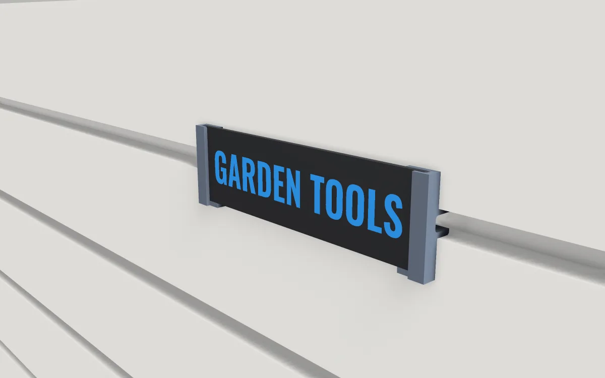 Press-in label on a slatwall, 3D render