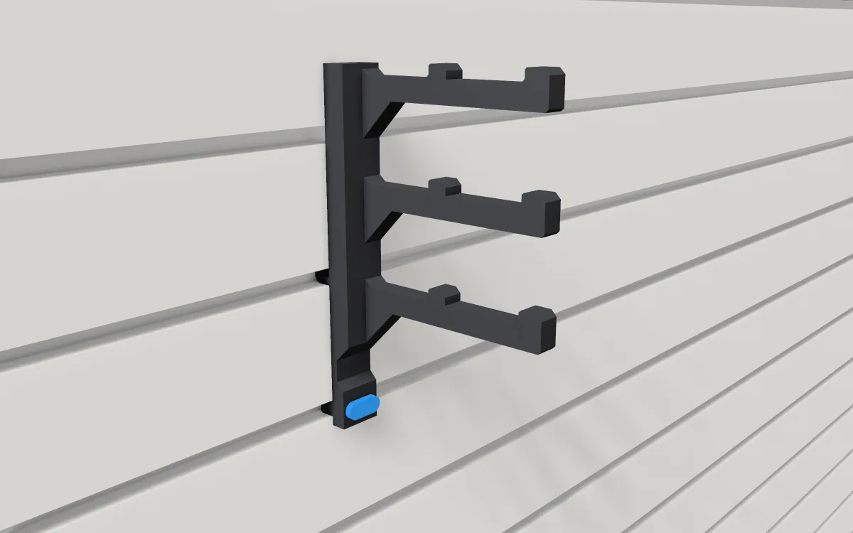 Safety-glasses rack · Six pairs on a slatwall, 3D render