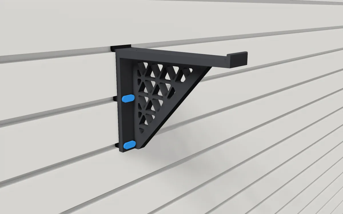 Shelf bracket · 2 slats, 200 mm deep on a slatwall, 3D render