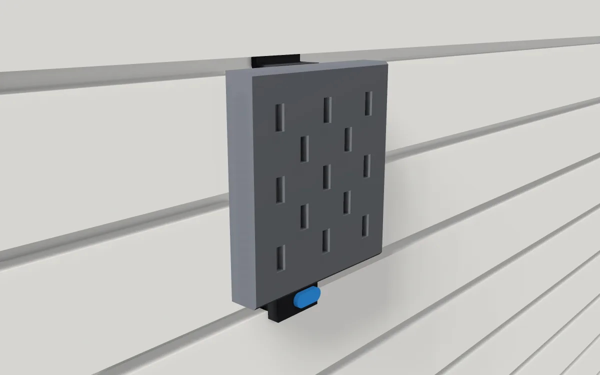 Skadis receiver · Wide 3 columns on a slatwall, 3D render