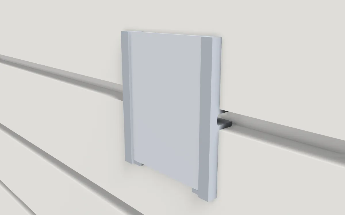 Slat end cap · Full strip on a slatwall, 3D render