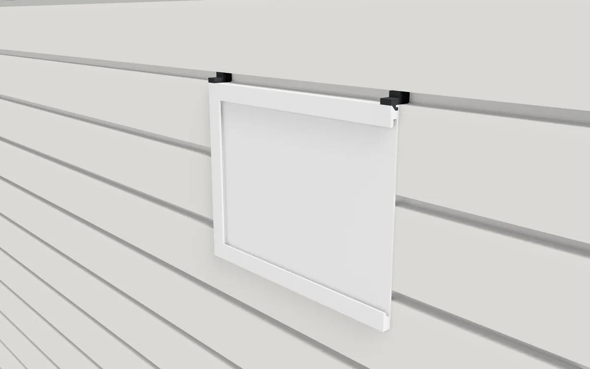 Slide-in sign holder · A5 landscape on a slatwall, 3D render