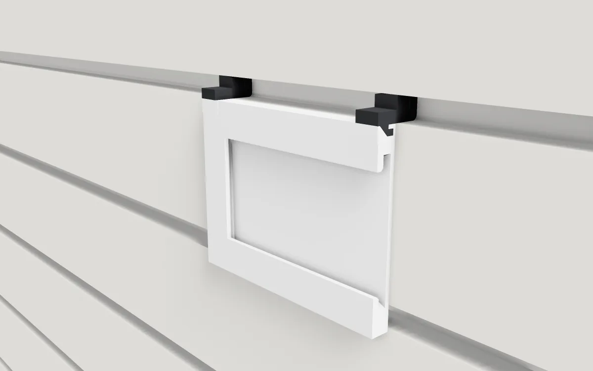 Slide-in sign holder · Business card on a slatwall, 3D render