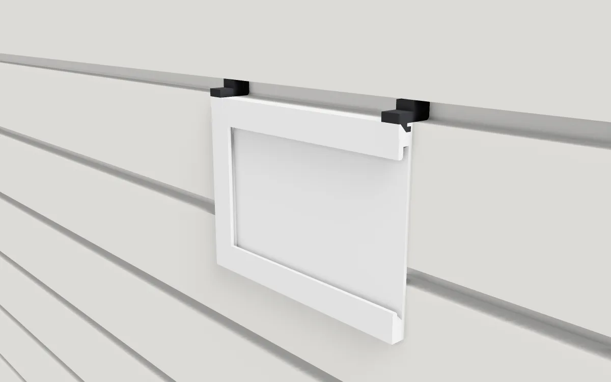 Slide-in sign holder · Index card 3 x 5 in on a slatwall, 3D render