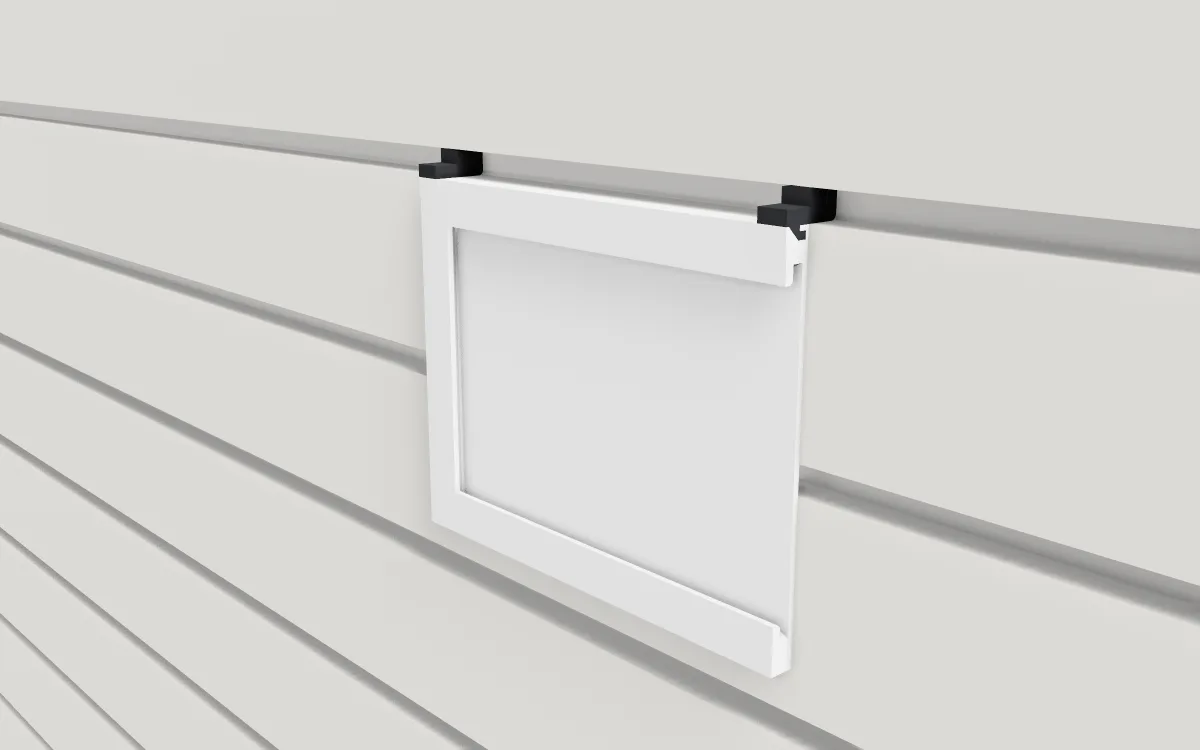 Slide-in sign holder · Photo 4 x 6 in on a slatwall, 3D render