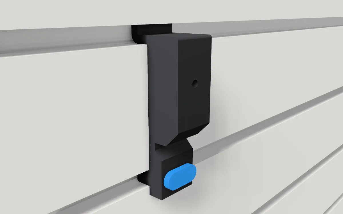 Slide-in T-nut · M3 heat-set insert on a slatwall, 3D render