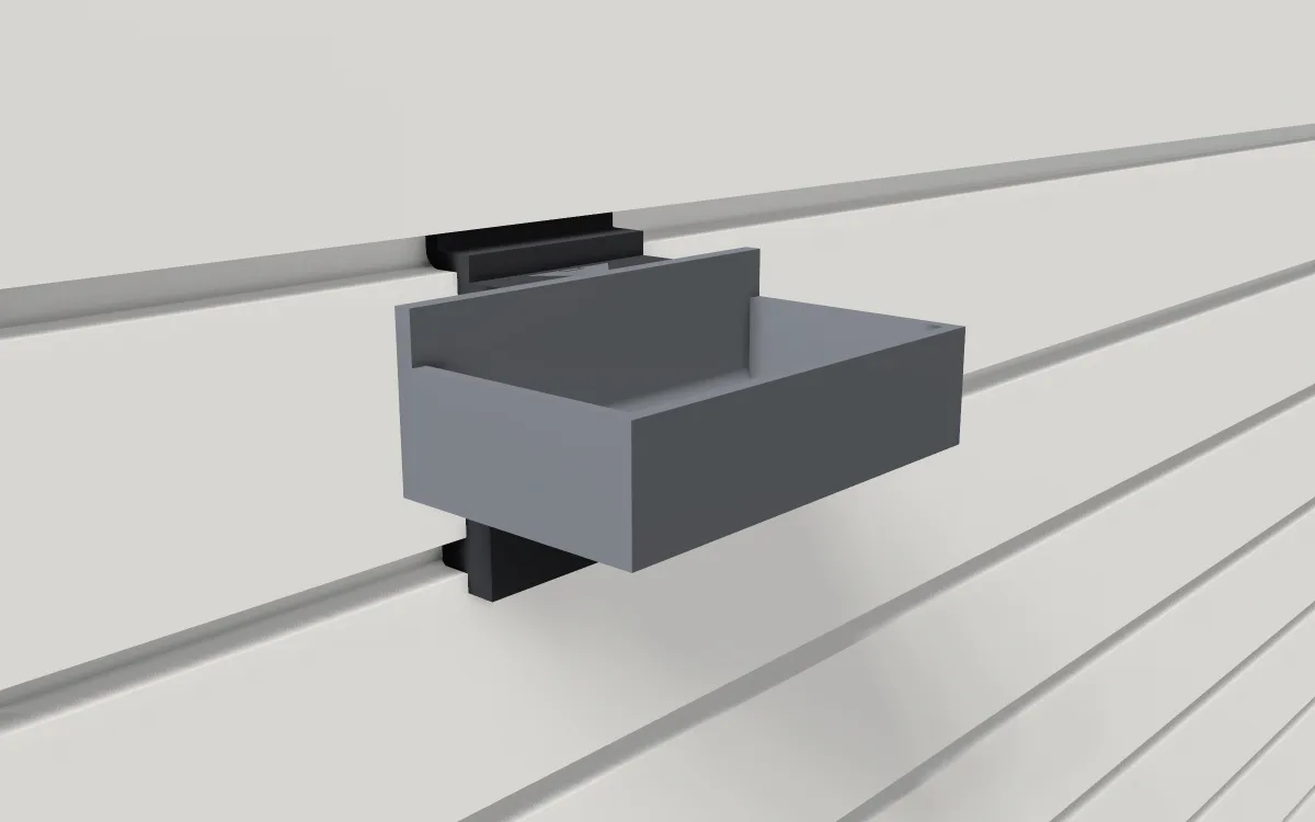 Small drop-in tray on a slatwall, 3D render
