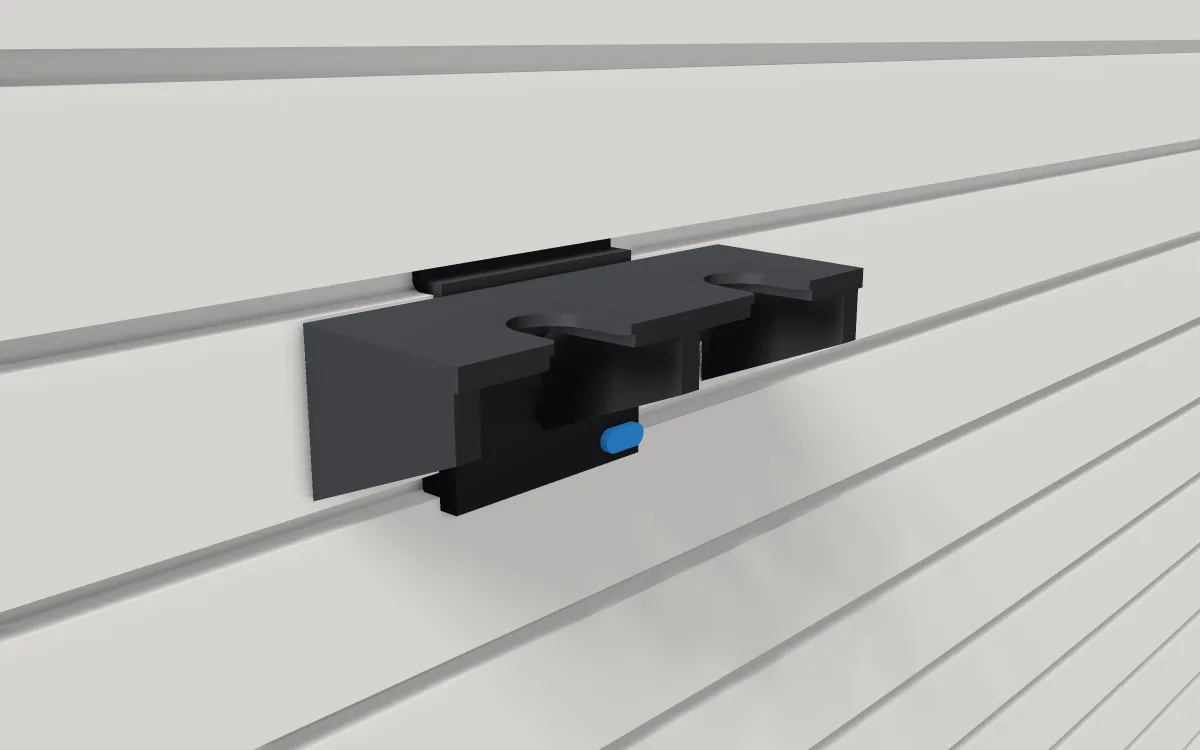 Spray-bottle rack · Two bottles on a slatwall, 3D render