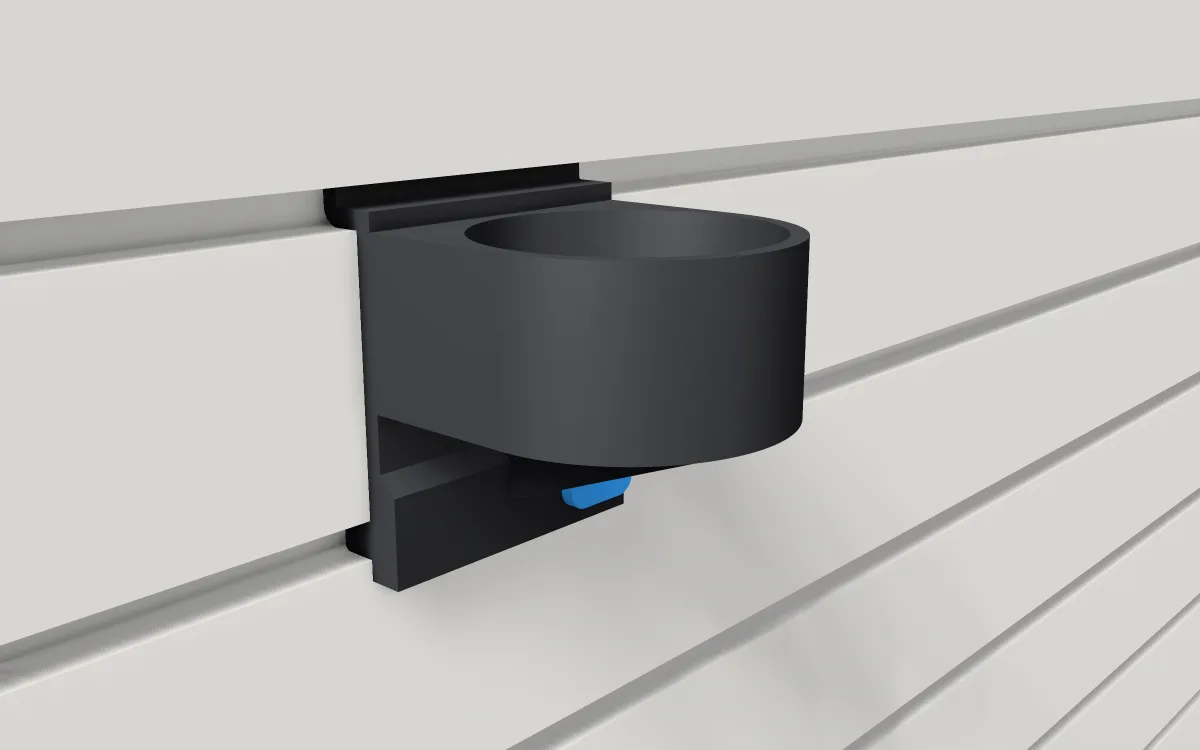 Spray-can holder · Standard 66 mm on a slatwall, 3D render