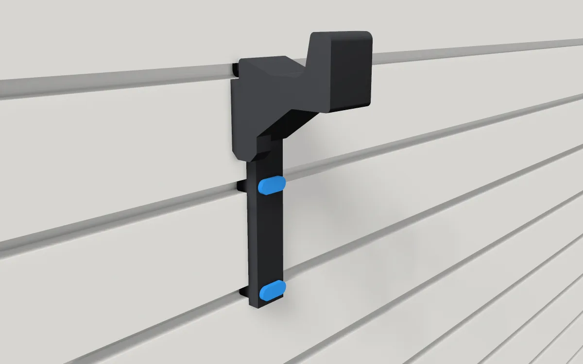 Long locking bag hook · Bag hook on a slatwall, 3D render