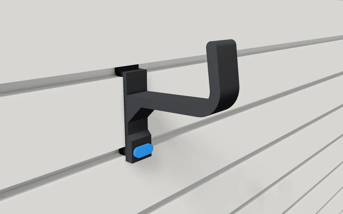 J-hook · Deep, 80 mm arm on a slatwall, 3D render