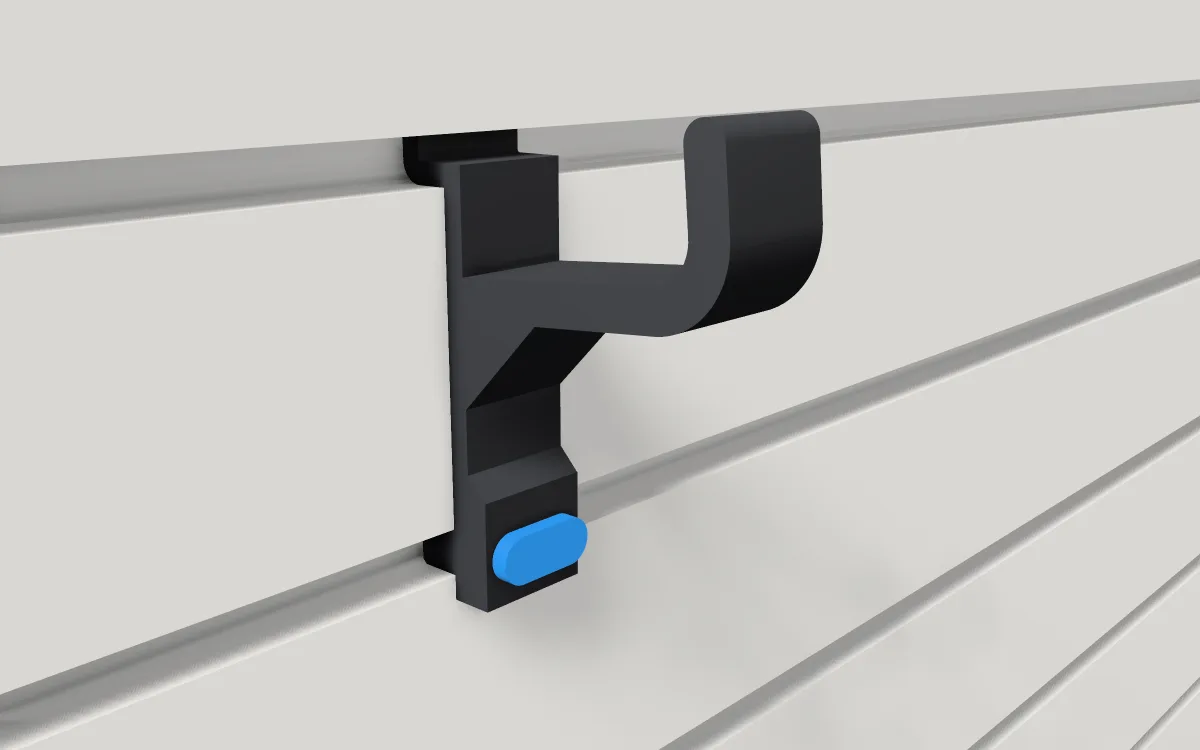 J-hook · Standard, 45 mm arm on a slatwall, 3D render