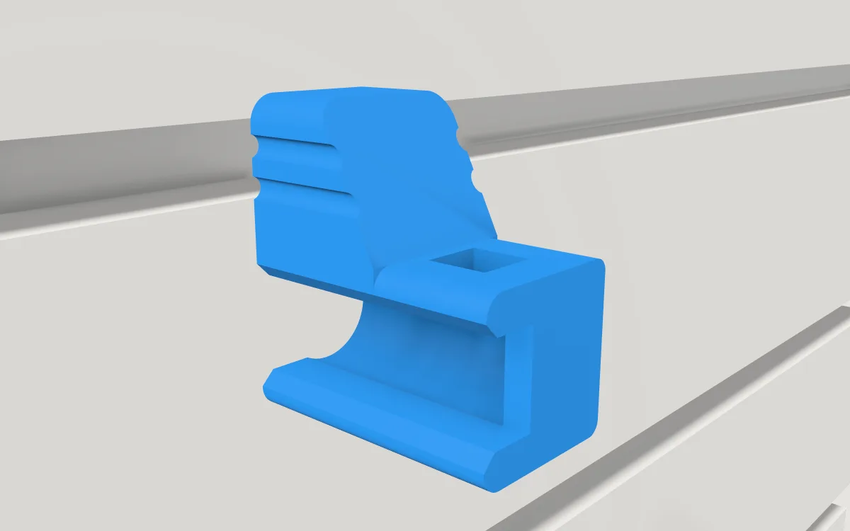 Anti-sweep stop for wire hooks · 5/16 in wire on a slatwall, 3D render