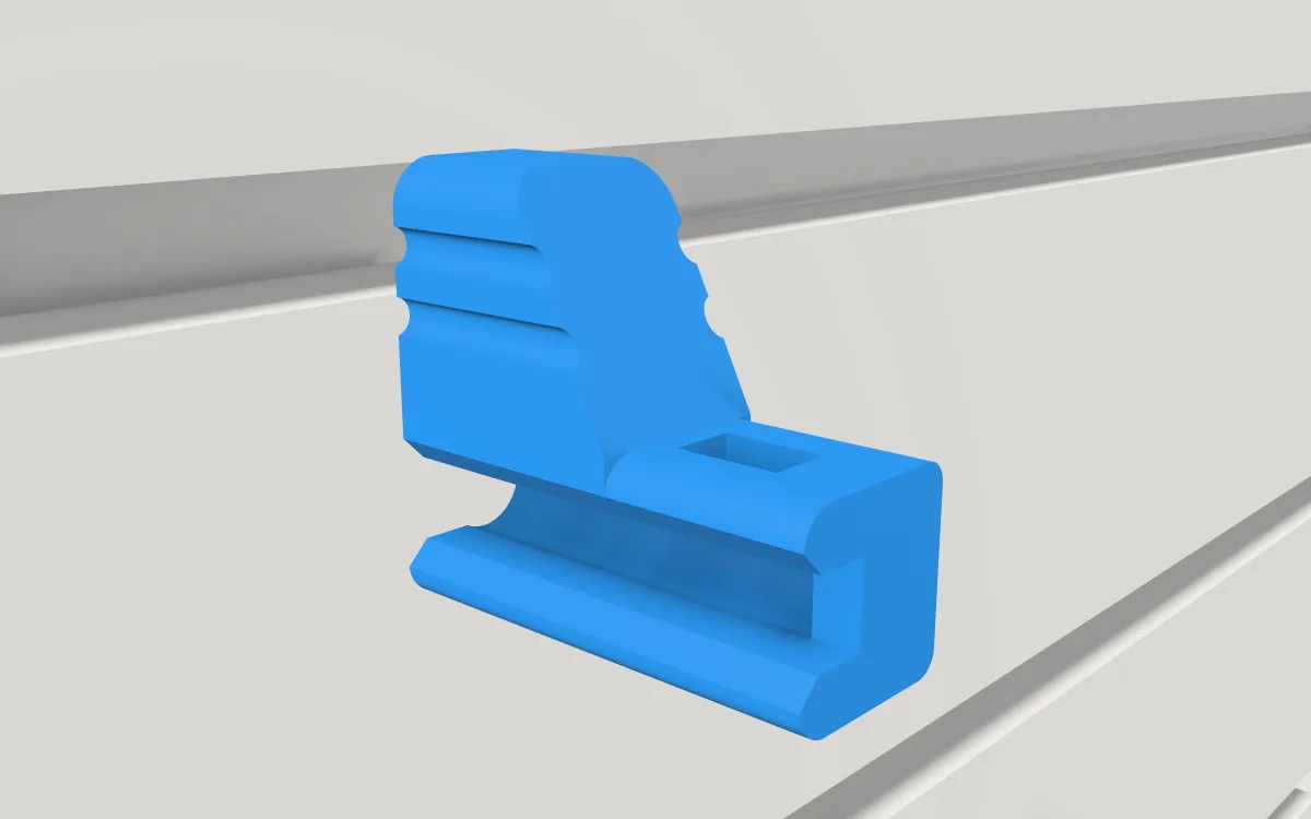 Anti-sweep stop for wire hooks · 4 mm wire on a slatwall, 3D render
