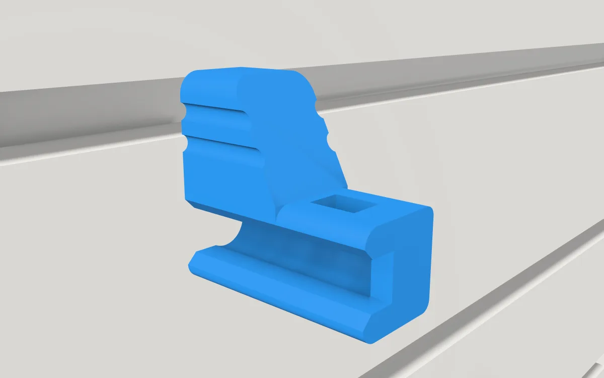 Anti-sweep stop for wire hooks · 3/16 in wire on a slatwall, 3D render