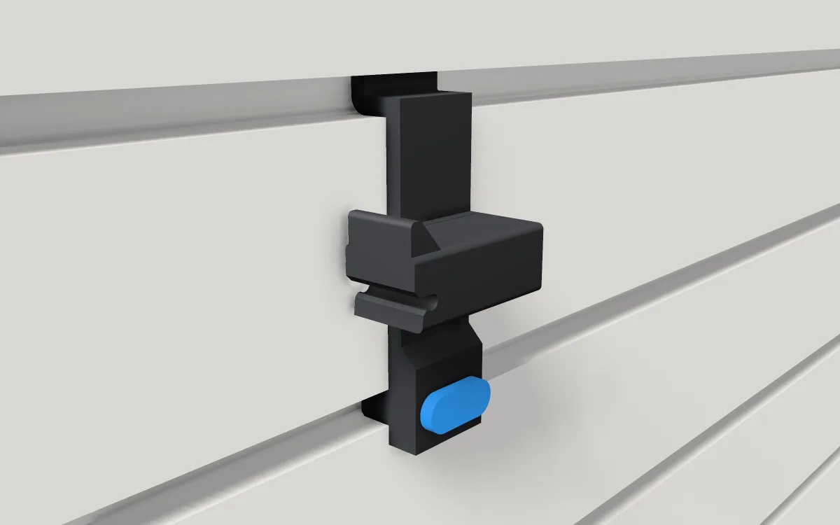 Snap-on lock for wire hooks · 1/8 in wire on a slatwall, 3D render